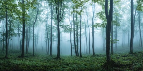 Obraz premium Serene forest scene enveloped in mist, showcasing tall trees and lush green foliage.