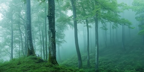 Fototapeta premium Serene forest scene shrouded in mist, showcasing lush greenery and tall trees.