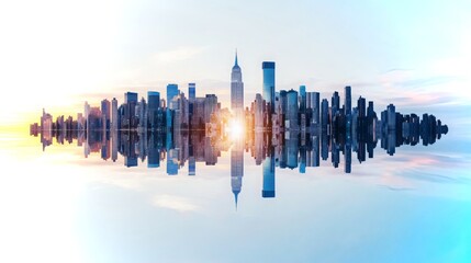 Stunning skyline reflection of New York City at sunset with vibrant colors and modern architecture