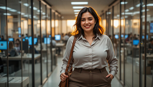 Una mujer hispana de talla grande saliendo del trabajo. A plus-size Hispanic woman leaving work.