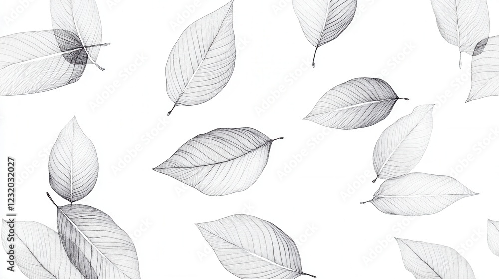 Poster minimalist leaf pattern, elegant line art design featuring subtle repeated leaves on a transparent b