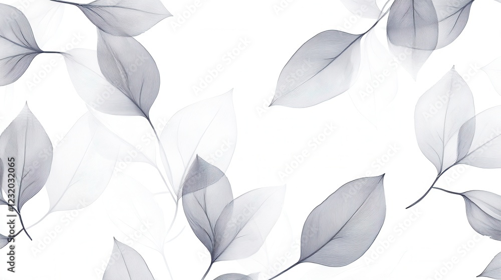 Poster minimalist line art leaves pattern, elegant design featuring subtle leaf motifs in a repeated arrang