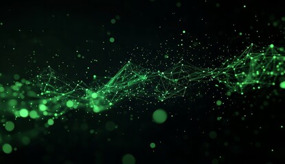 Abstract green glowing particles and lines forming a wave on a black background.