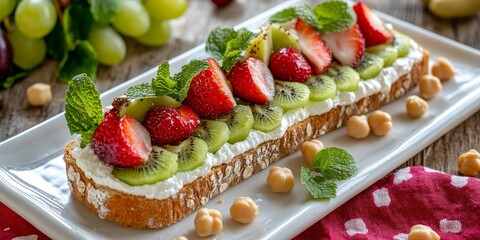 Fototapeta premium Delicious fruit toast with cream cheese, strawberries, kiwi, and mint, garnished with chickpeas on a white plate.