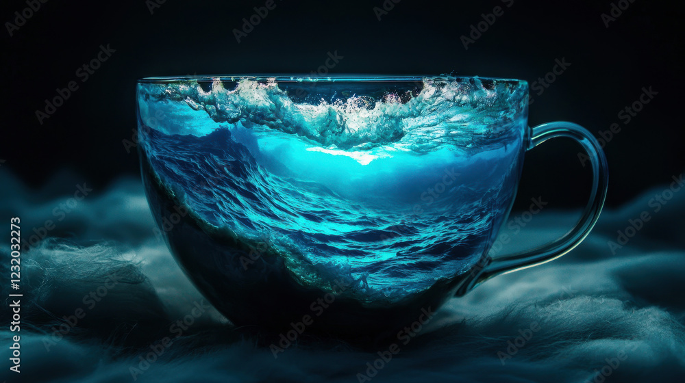 Poster cup filled with an ocean scene illuminated by soft lighting and deep colors