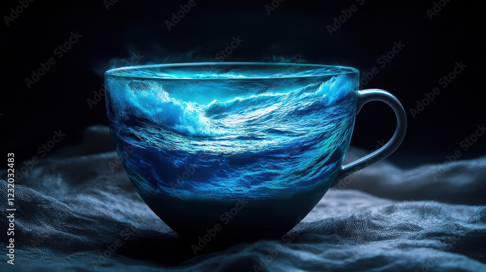 Poster cup filled with glowing ocean scene under soft lighting in dark setting