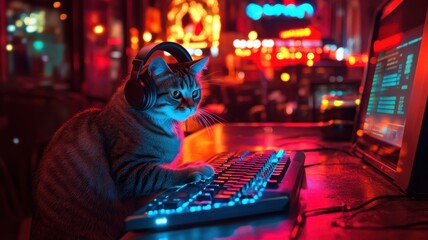 Cat wearing headphones types on a glowing keyboard in a vibrant, colorful cyber cafe during nighttime
