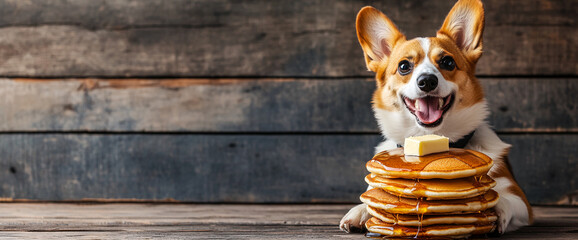 A playful corgi dog enjoys a stack of pancakes with butter and syrup, smiling happily. This image showcases the joy and delight pets bring when sharing meals with loved ones.