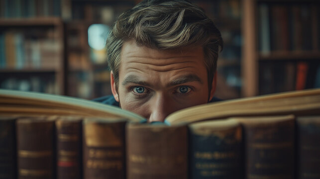 Curious young man exploring books in library, thirst for knowledge