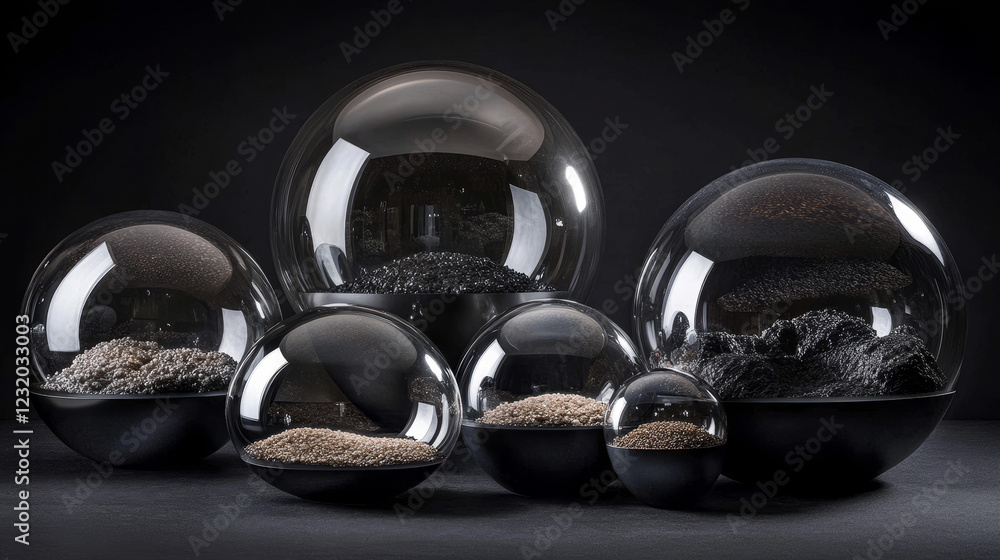 Poster abstract monochrome background with different white transparent glass balls over black. creative lay
