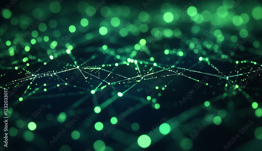 Poster abstract green digital network connection background with glowing particles and lines.