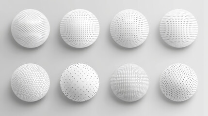 Fototapeta premium White halftone pattern sphere collection. Hexagon wireframe 3d circle set. Grid globe element bundle. Round dotted shape pack for tech poster, banner, cover, emblem, leaflet. Vector illustration