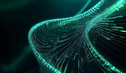 Abstract teal glowing helix, digital DNA strand, futuristic technology background.