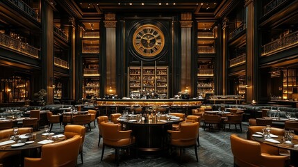 Luxurious restaurant, clock, grand hall, dining