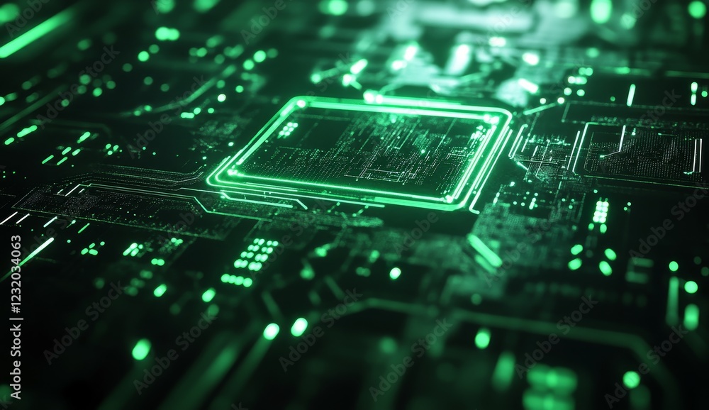 Poster close-up of glowing green circuit board with central processor.