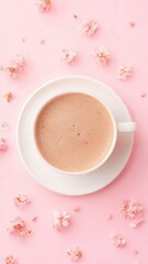 Hot Chocolate Drink in White Mug with Pink Flowers on Pink Background