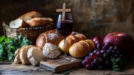 Warm Ambiance Rustic Still Life of Bread Wine & Faith