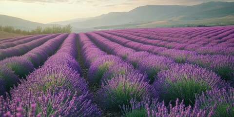 Obraz premium Vibrant lavender field under a soft, glowing sky at sunrise, showcasing nature's beauty.