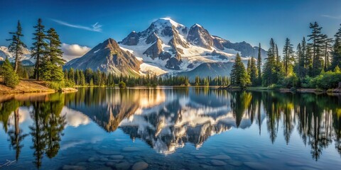 Serene lake water reflection of snow-capped mountain peak, peaceful atmosphere