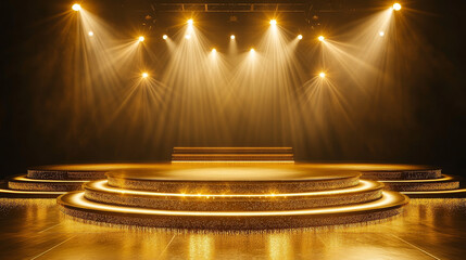 Gold light show stage. Abstract spotlight podium. Golden concert or winner ceremony studio with glitter and platform. Shiny bright night club event 3d stairs pedestal bg design. Sparkle flare scene