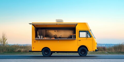 Vibrant yellow food truck parked on a scenic road under a clear blue sky.