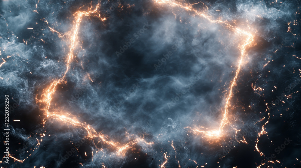 Poster border made of white smoke and lightning bolts with overlay effect. transparent frame with fog and t