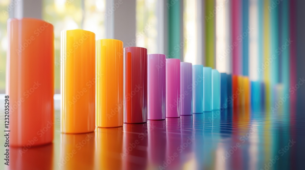 Aufkleber 3D bar chart, featuring colorful, rounded bars with a soft plastic-like texture. Each bar is evenly spaced and subtly glowing, floating above a polished floor reflecting gentle light.
