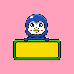 cute vector illustration of a penguin mascot holding a board