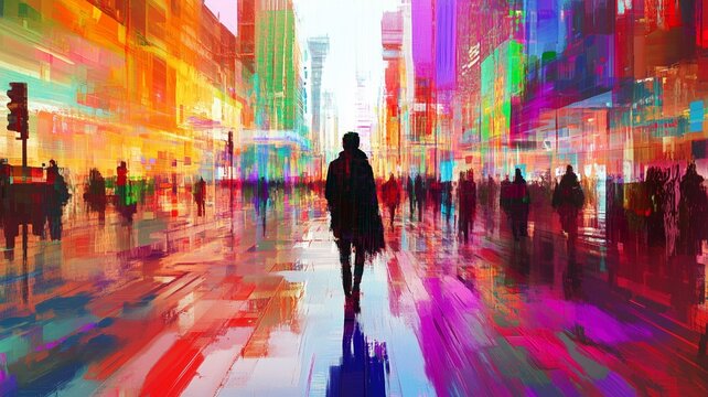 Silhouette of a man among a blurred crowd of people surrounded by a city scene. Pop art image using glitch effect. Loneliness among people.