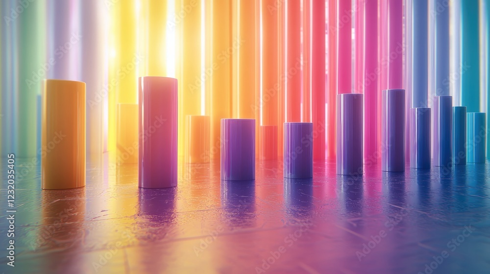 Aufkleber 3D bar chart, featuring colorful, rounded bars with a soft plastic-like texture. Each bar is evenly spaced and subtly glowing, floating above a polished floor reflecting gentle light.