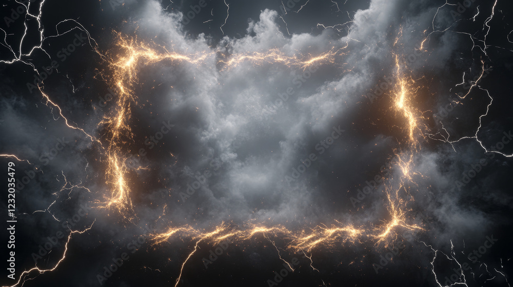 Poster border made of white smoke and lightning bolts with overlay effect. transparent frame with fog and t