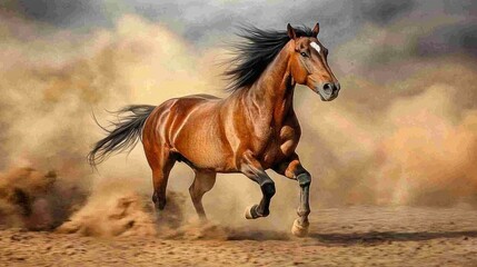 Fototapeta premium A wild mustang galloping across a dusty plain, mane flying in the wind.