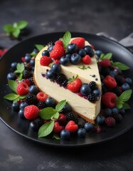 Creamy cheesecake topped with blueberries, blackberries, raspberries, and sprinkled with fresh mint leaves on a dark plate, sweet treats , creamy desserts, mint garnish