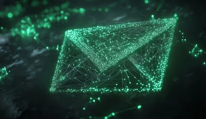 Glowing digital email envelope, network connections.