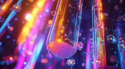 Colorful chemical reaction, bubbling vials, glowing liquids, molecular transformation, futuristic lab