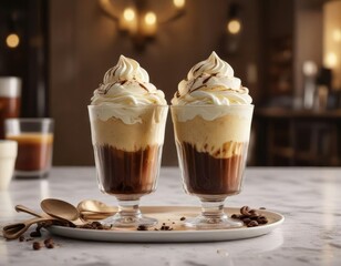 Creamy vanilla gelato scoop served in a large glass cup with a shot of rich espresso poured over the top, sweet treat, contrasting colors