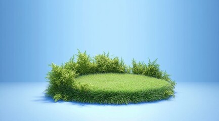 Abstract grass podium on a blue background, minimalist style 3D rendering