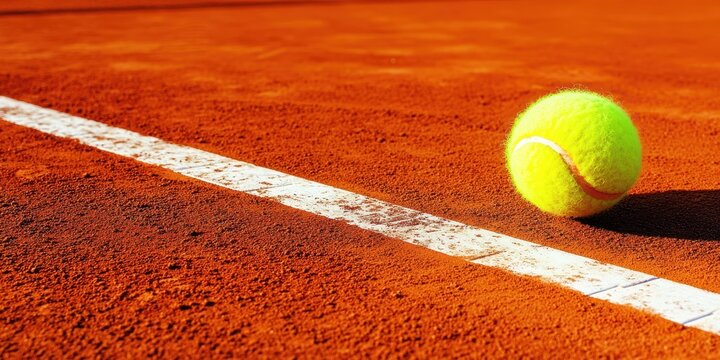 A close-up of a vibrant yellow tennis ball on a clay court during a match.