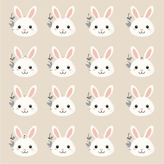 his image shows a repeating pattern of stylized white rabbit heads on a light beige background. Each rabbit head is facing forward and has a simple, cartoon-like design with small.