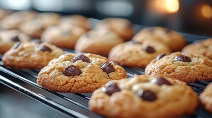 Freshly baked golden brown cookies with chocolates cooling on a rack.