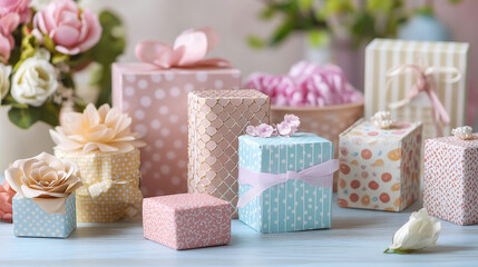 Isometric gift boxes for birthday, Christmas, Valentine day and holidays. Vector icons set of closed and open packages in shape of heart, square and circle with silver ribbon and bow