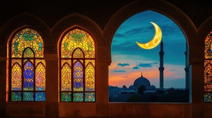 Crescent Moon over Mosque Viewed Through Stained Glass Window at Sunset