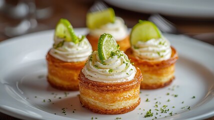 Delicious Lime and Cream Puff Pastry Tarts on White Plate