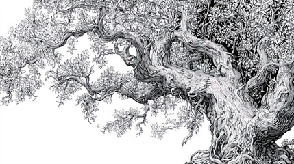 Ancient Olive Tree Trunk Detail, Mediterranean, Nature, Ink Drawing, Botanical Illustration