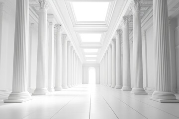 White classical colonnade interior, long perspective, bright light.