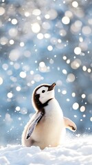 Fototapeta premium Adorable penguin chick standing playfully in soft snow with sparkling winter background and cheerful expression