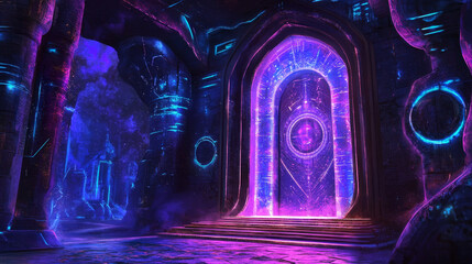 Futuristic open door with digital technology neon light pattern on wall. Realistic 3d vector illustration of portal to tech future with opportunities. Abstract metaverse teleport gate with glow effect