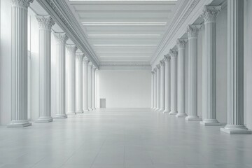 Elegant white classical hallway with columns and high ceilings.