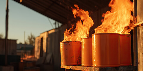 Obraz premium Burning Orange Buckets in Outdoor Setting
