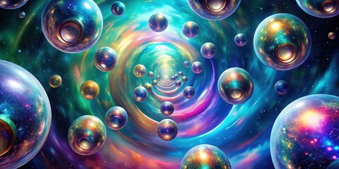 Swirling vortex of iridescent orbs suspended in a kaleidoscope of hues against a deep space background, vibrant, surreal